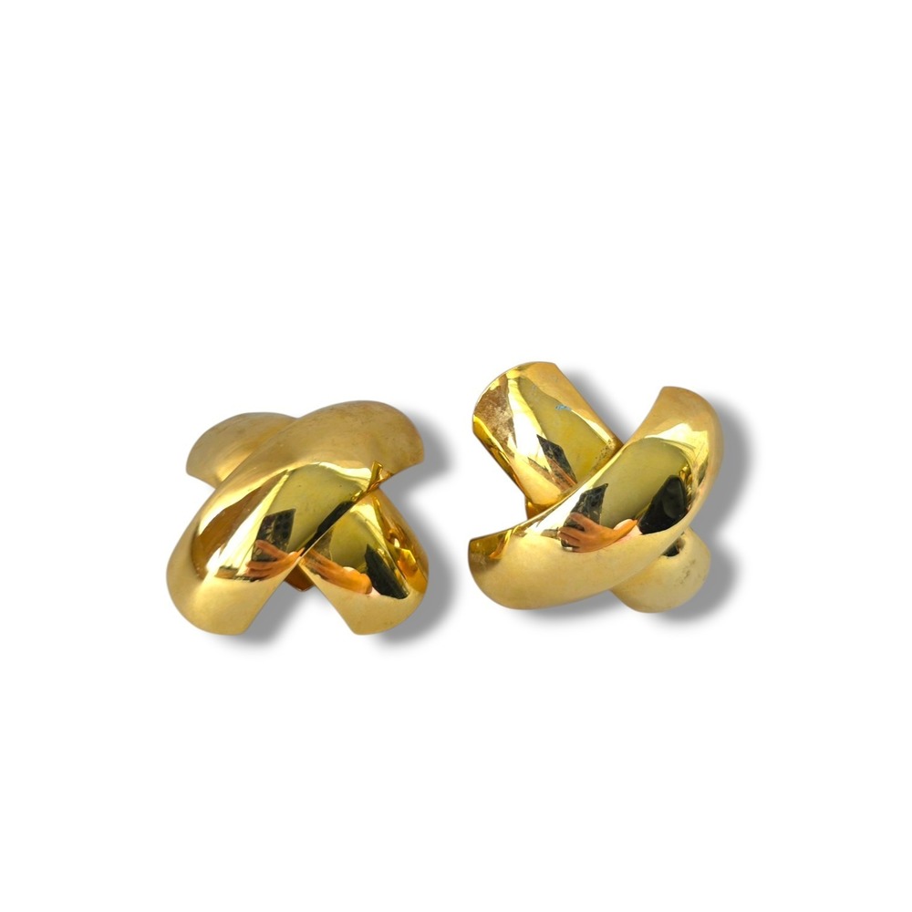 Vintage Gold Tone Chunky X Motif Clip On Statement Earrings Polished clip on